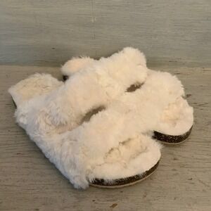 Faux Fur White Dual Band Open Toe Slip On Slide Slippers Size 10 Good Condition